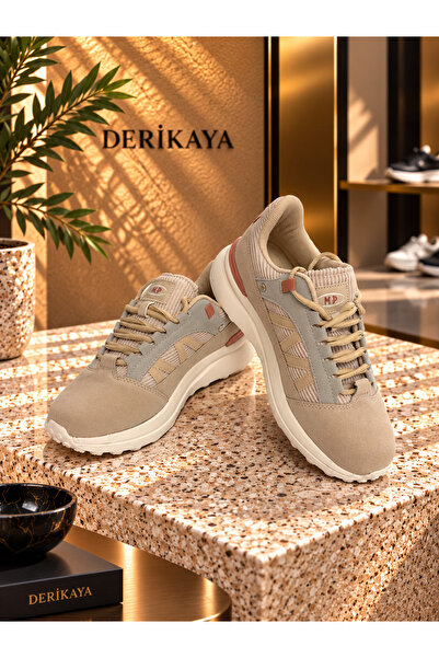 Kadın Bej Kalın Taban Bağcıklı Günlük Sneaker Spor Ayakkabı