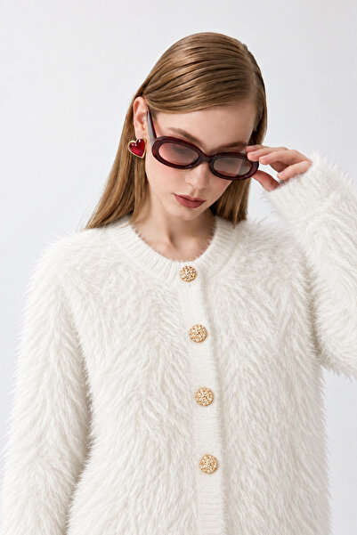 Nimas Women's Soft Feather Textured Basic Knitwear Cardigan with Gold Buttons