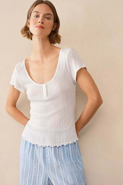 THE WHITE COMPANY قميص نوم نسائي بياقة قاربية من Pointelle - أبيض، XL