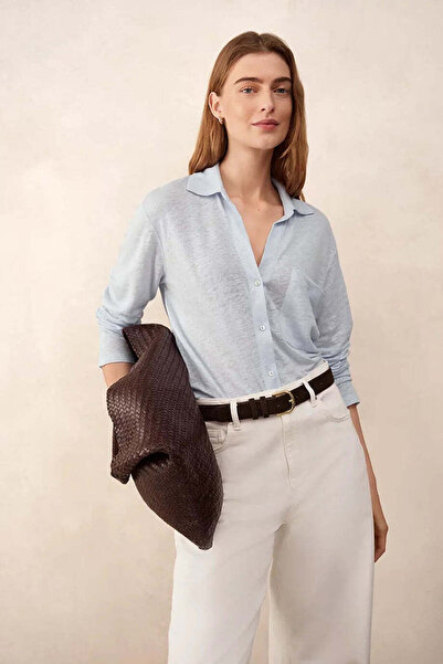 THE WHITE COMPANY قميص نسائي أوروبي كبير الحجم من الكتان - أزرق، XL