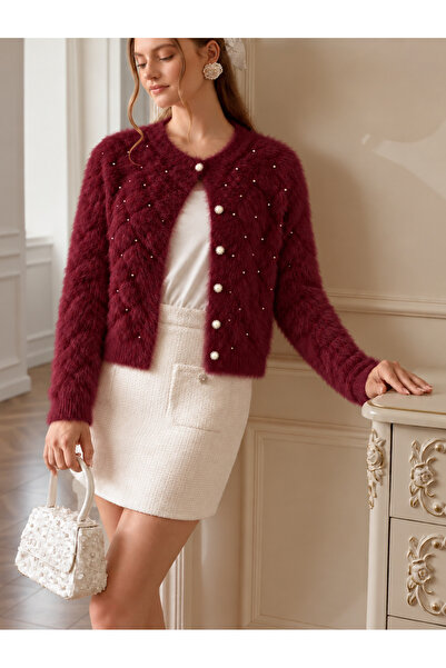 Nimas Women's Soft Feather Textured Pearl Detailed Diamond Patterned Knitwear...