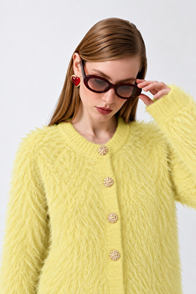 Nimas Women's Soft Feather Textured Basic Knitwear Cardigan with Gold Buttons