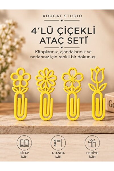 ADUCAT STUDIO 4’lü Çiçekli Büyük Boy Ataç Seti – Kitap Ayracı, Planner ve Aja...
