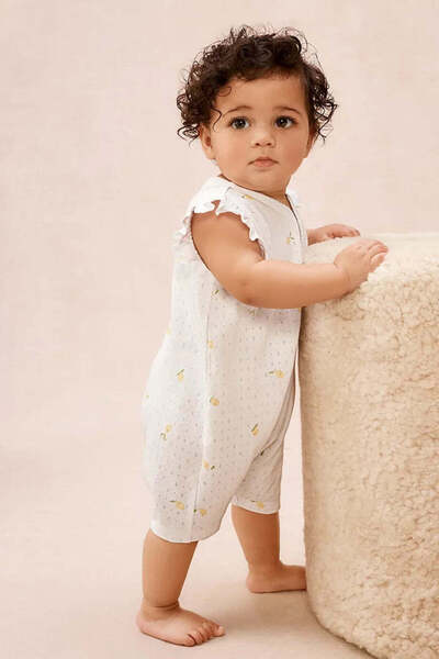 THE WHITE COMPANY Organic Cotton Lemon Patterned Ruffle Sleeve Baby Girl Shor...