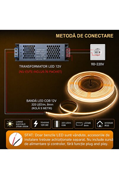 LEDIGANT Bandă LED COB 12V, 320 LED/m, Lumină Albă Caldă, Interior IP20, 8 mm, Rolă 5 metri