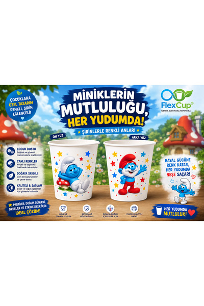 Şirinler Temalı Baskılı Karton Bardak ( Şirin Baba ve Uykucu Şirin) – Doğum Günü, Parti ve Okul Etkinlikleri İçin 500 Adet