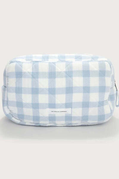 THE WHITE COMPANY Organic Cotton Blend Quilted Gingham Makeup Bag - Blue, 14....