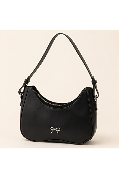Generic Brand Women's Black PU Leather Shoulder Bag with Silver Bow Detail