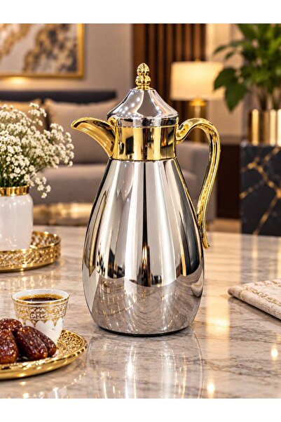 aljahwari ترمس شاي وقهوة لونين فضي نيكل مع ذهبي 1.3لتر