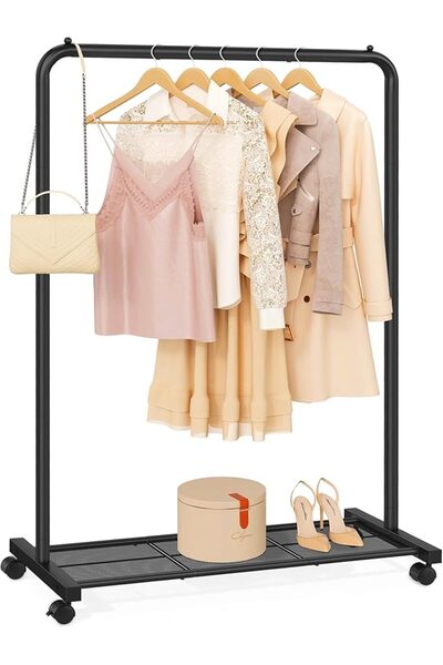 SONGMICS Clothes Rack with Wheels, Garment Rack, with Dense Mesh Shelf, 2 Bra...