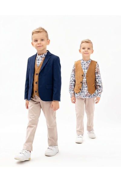 Top Kids طقم بدلة رسمية ولادي فاخر 4 قطع (جاكيت كحلي مقلم + سديري جملي + قميص...