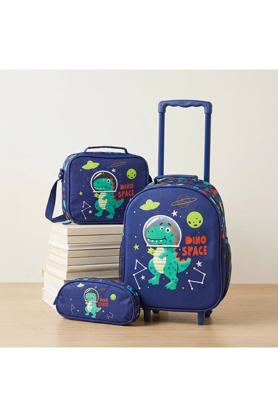 Juniors Dinosaur Print Trolley Bag for Boys 3-5 Years with Lunch Bag and Penc...