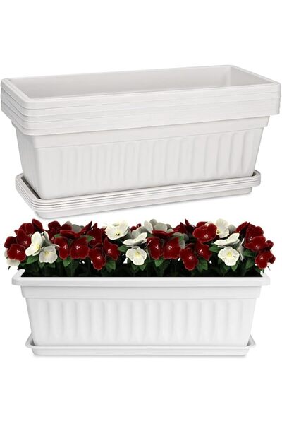 GENERAL 3 Pack White Plastic Window Boxes - Rectangular Planters for Vegetabl...