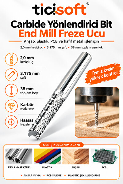 Ticisoft 2 mm Karbür Freze Ucu 3.175 mm Şaft CNC Mini Matkap Router End Mill ...