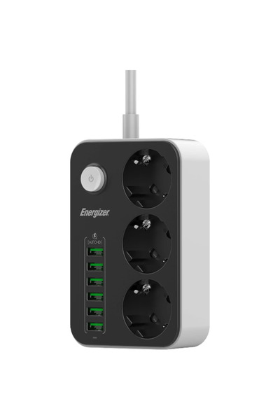 Energizer Max 9 in 1 Extension Cord, 3 x AC Schuko + 6 x USB-A, 2500W, 10A, 2...