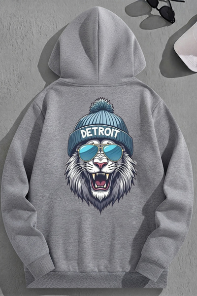 K KOZZ STYLE Unisex 3 Thread Cotton Grey Detroit Print Loose Fit Φούτερ με κο...