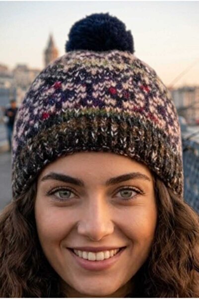 Mood Agenda Women's Patterned Pompom Knitted Winter Beanie