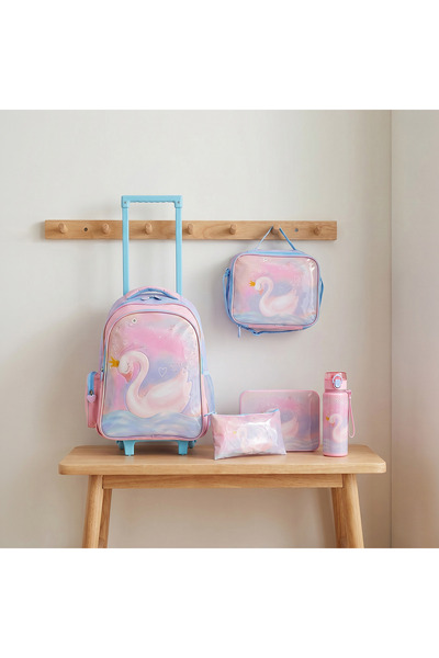 Juniors Swan Print 5-Piece School Trolley Bag Set for Girls 5-8 Years with Lu...