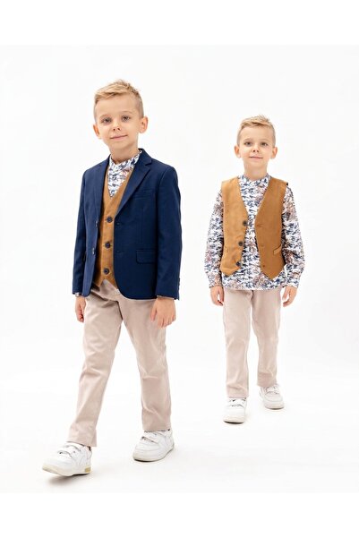 Top Kids طقم بدلة رسمية ولادي فاخر 4 قطع (جاكيت كحلي مقلم + سديري جملي + قميص...