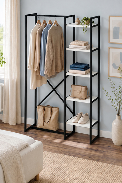 Bofigo 5 Raflı Metal Gardırop Metal Portmanto Açık Gardırop Elbise Dolabı Metal Askılık Vestiyer Loftix Beyaz