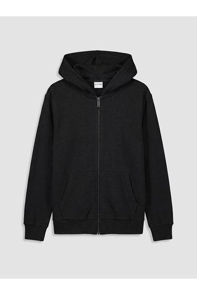 LC Waikiki Black Hooded Girl's Zippered Sweatshirt