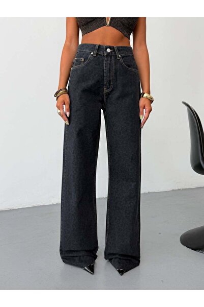 HerTon Women's High Waist Wide Leg Straight Cut Loose Leg Jean Trousers