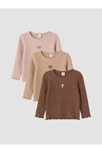 LC Waikiki Pink 3-Piece Crew Neck Embroidered Baby Girl T-Shirt