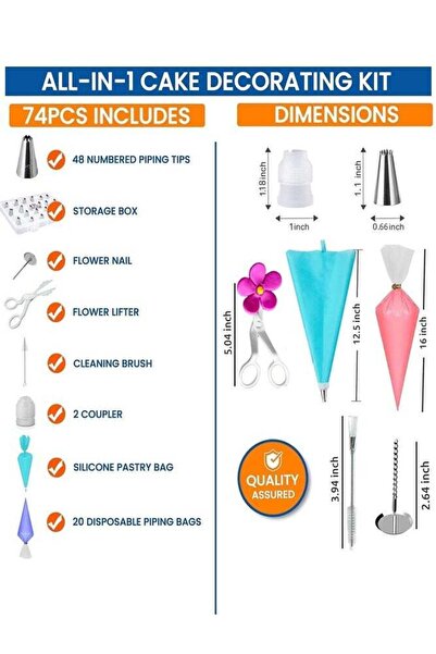 Qadro 74PCS Cake Decorating Kit with 48 Icing Tips Reusable Bag Piping Bags Couplers Flower Nai