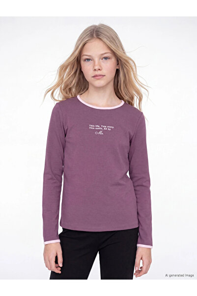 LC Waikiki Plum Crew Neck Letter Printed Girls' T-Shirt