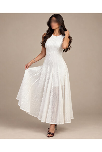 Rose White Maxi Lace Dress with Defined Waistline