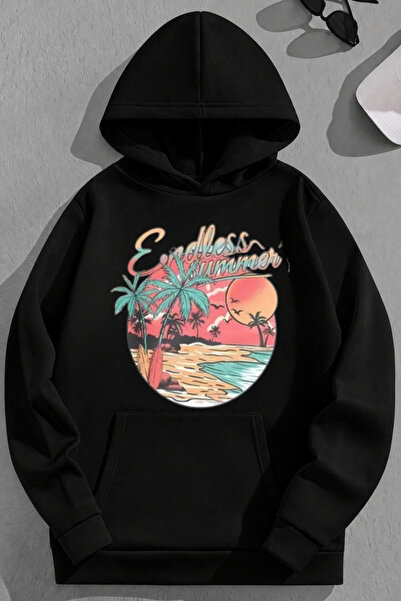 K KOZZ STYLE Unisex 3 Thread Cotton Black Endlesssummer Print Loose Fit Sweat...