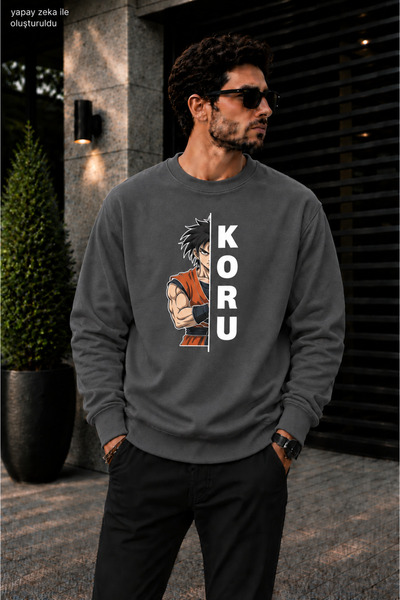 caddekombin Men's Anime Warrior and Koru Typography Printed Crew Neck Casual ...