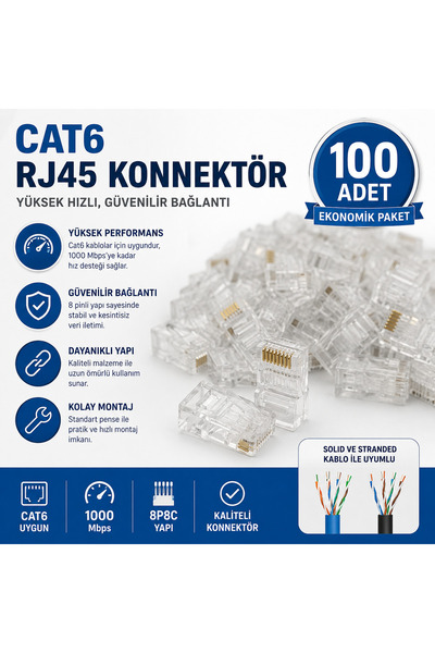 Bd 100 Adet Cat6 RJ45 Konnektör Şeffaf Ethernet Internet Kablosu Ucu (Ağ Jakı)