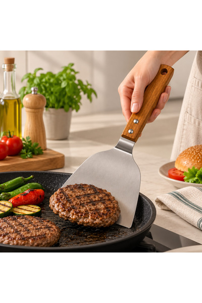 SHARI Ahşap Saplı Metal Servis Spatulası Geniş Ağızlı – Paslanmaz Çelik Mutfa...