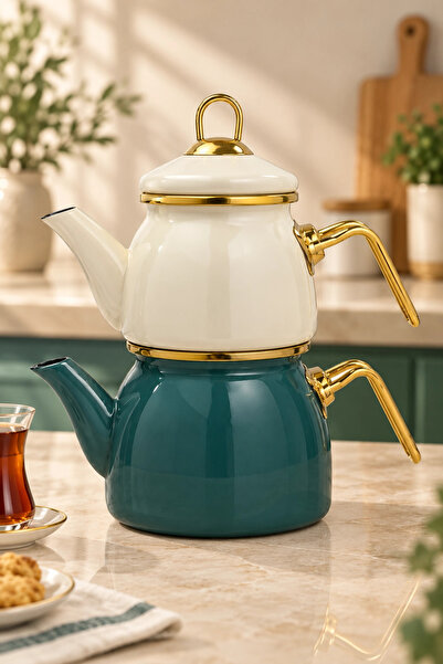 PR HOME Petrol Yeşili-Krem Mini Model Emaye Çaydanlık