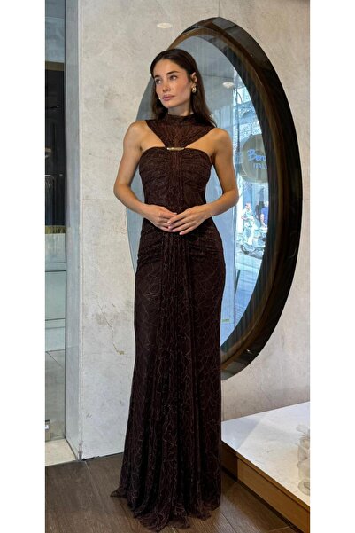 SpringStore Kahve Hakim Yaka Dantelli Abiye
