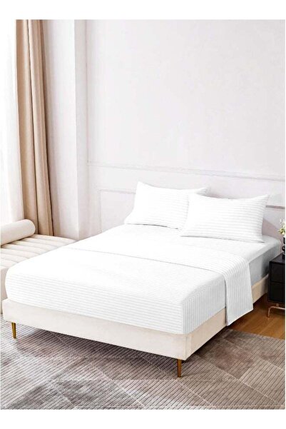Qadro King Size 4Pc Fitted Sheet Set | Soft Microfiber Material | Embossed Stripe Bright White C
