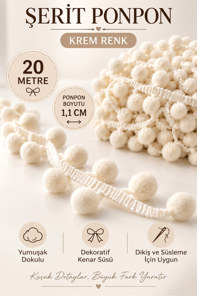 kubbe tekstil aksesuar 20 Metre Krem Ponpon Şerit – 1,1 cm Ponponlu Şerit – H...