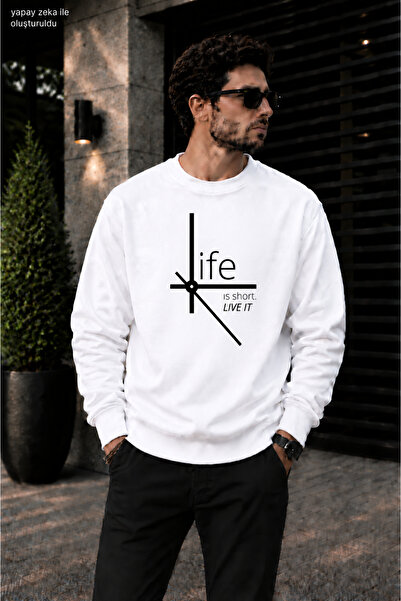 caddekombin Men's Life Is Short Saat Mimarisi Graphic Printed Crew Neck Casua...
