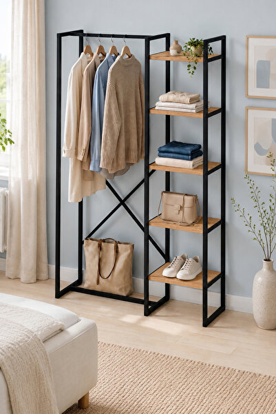 Bofigo 5 Raflı Metal Gardırop Metal Portmanto Açık Gardırop Elbise Dolabı Metal Askılık Vestiyer Loftix Çam
