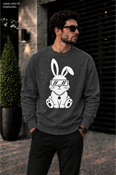 caddekombin Men's Cool Bunny Rabbit Printed Crew Neck Casual Regular Fit Swea...
