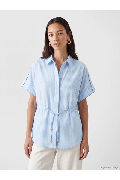 LC Waikiki Blue Striped Lace-Up Oversize Women's Shirt