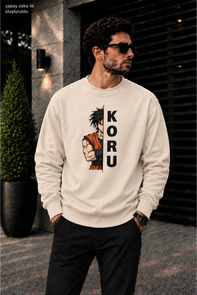 caddekombin Men's Anime Warrior and Koru Typography Printed Crew Neck Casual ...