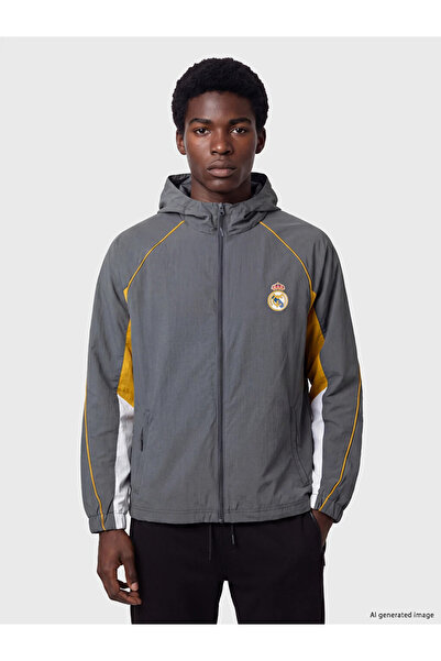 LC Waikiki Gri Real Madrid Kapüşonlu Erkek Fermuarlı Sweatshirt