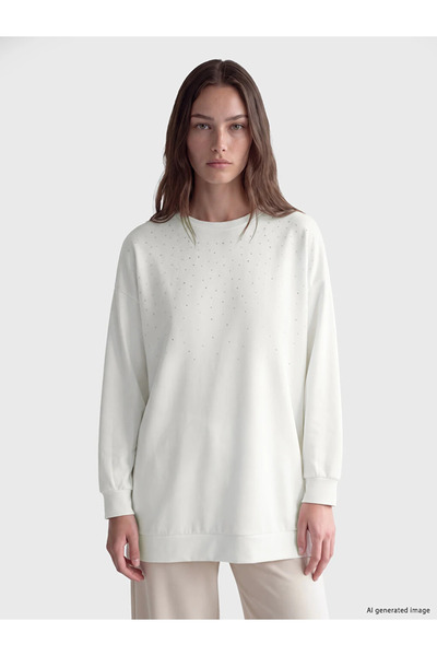 LC Waikiki Beyaz Taşlı Soft Touch Kadın Sweatshirt Tunik