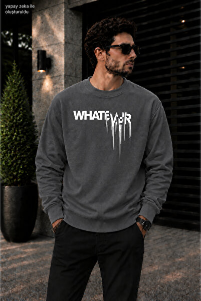 caddekombin Men's Street Style Whatever Drip Typographic Printed Crew Neck Ca...