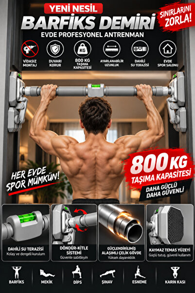 Trend Store 800 KG Vidasız Barfiks Demiri 96-140 cm Ayarlanabilir Koridor Bar...