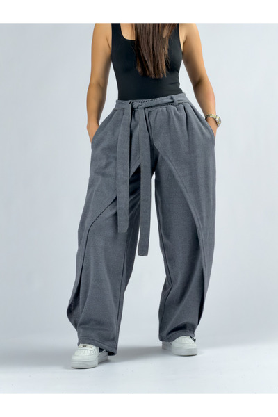 COCOPELLI Gray Women's Trousers with Adjustable Cuffs and Belt Coc3362