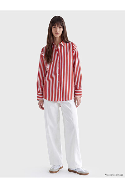 LC Waikiki Kırmızı Çizgili Oversize Poplin Kadın Gömlek