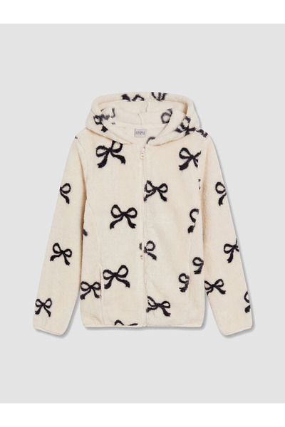 LC Waikiki Bej Kapüşonlu Kız Çocuk Pelüş Fermuarlı Sweatshirt